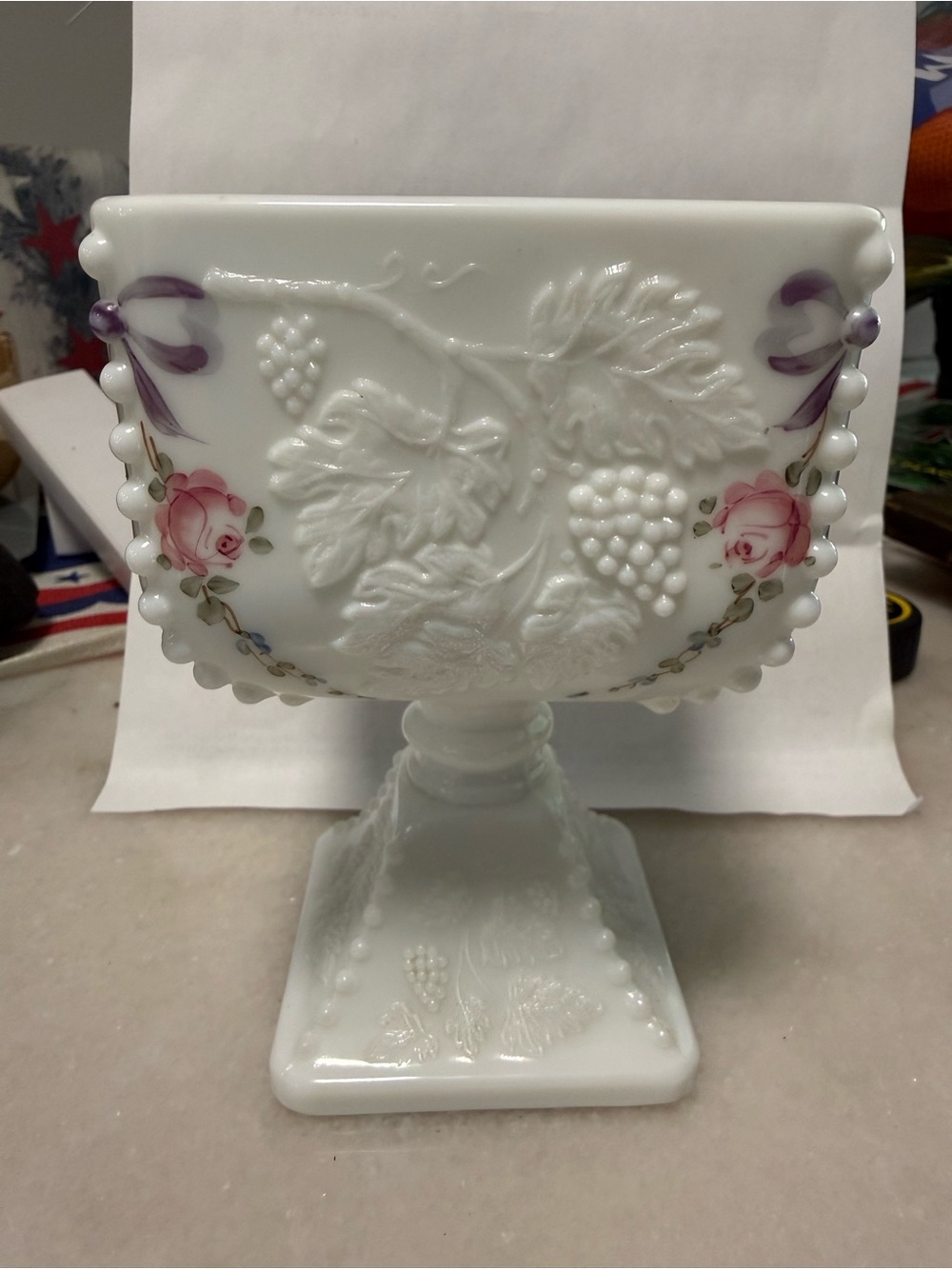 White Milk Glass Compote with Pink Rose Accents